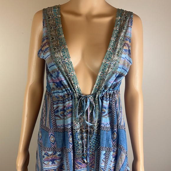 Camilla Embellished 100% Silk V-Neck Boho Mini Dress - Picture 3 of 9